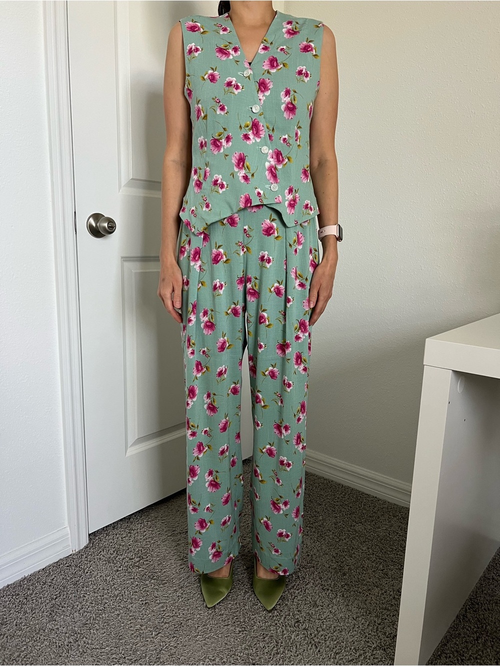 Sleeveless Floral Wide-Leg Jumpsuit in Mint with Pink Blossoms
